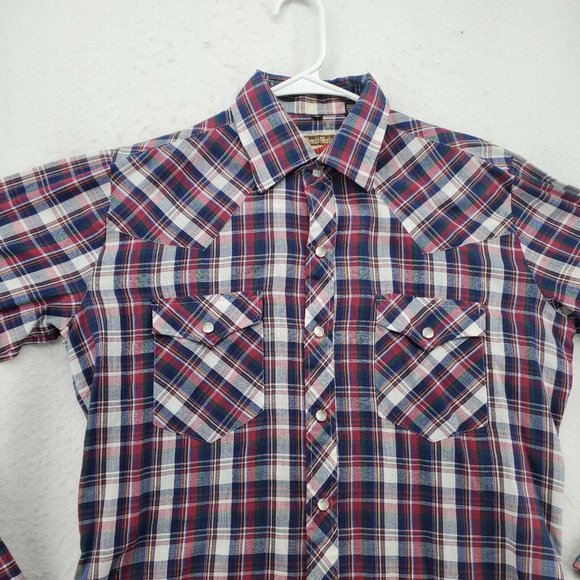 Young Bloods Shirt Men's Long Sleeve Pearl Snap Up Collared Plaid Western Blue M - Picture 6 of 12